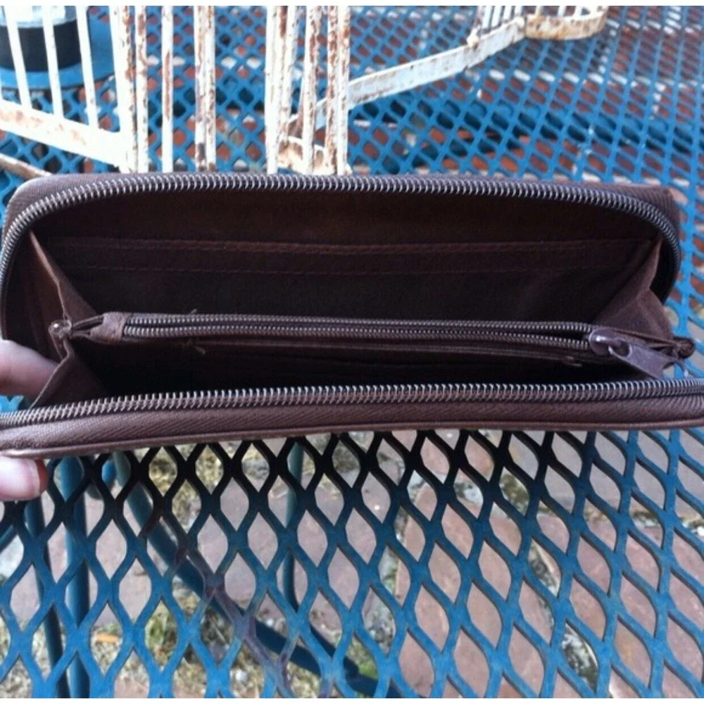 Brown Leather Wallet Clutch‎ Zip Around Accordion Card Holder Organizer